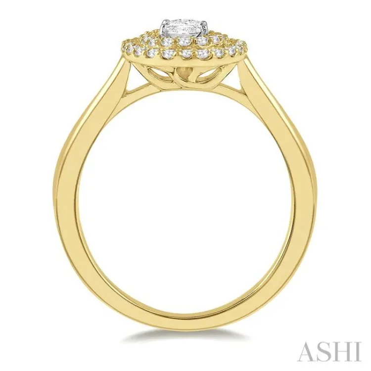 1/2 Ctw Twin Halo Round Cut Diamond Engagement Ring With 1/4 ct Oval Cut Center Stone in 14K Yellow and White Gold