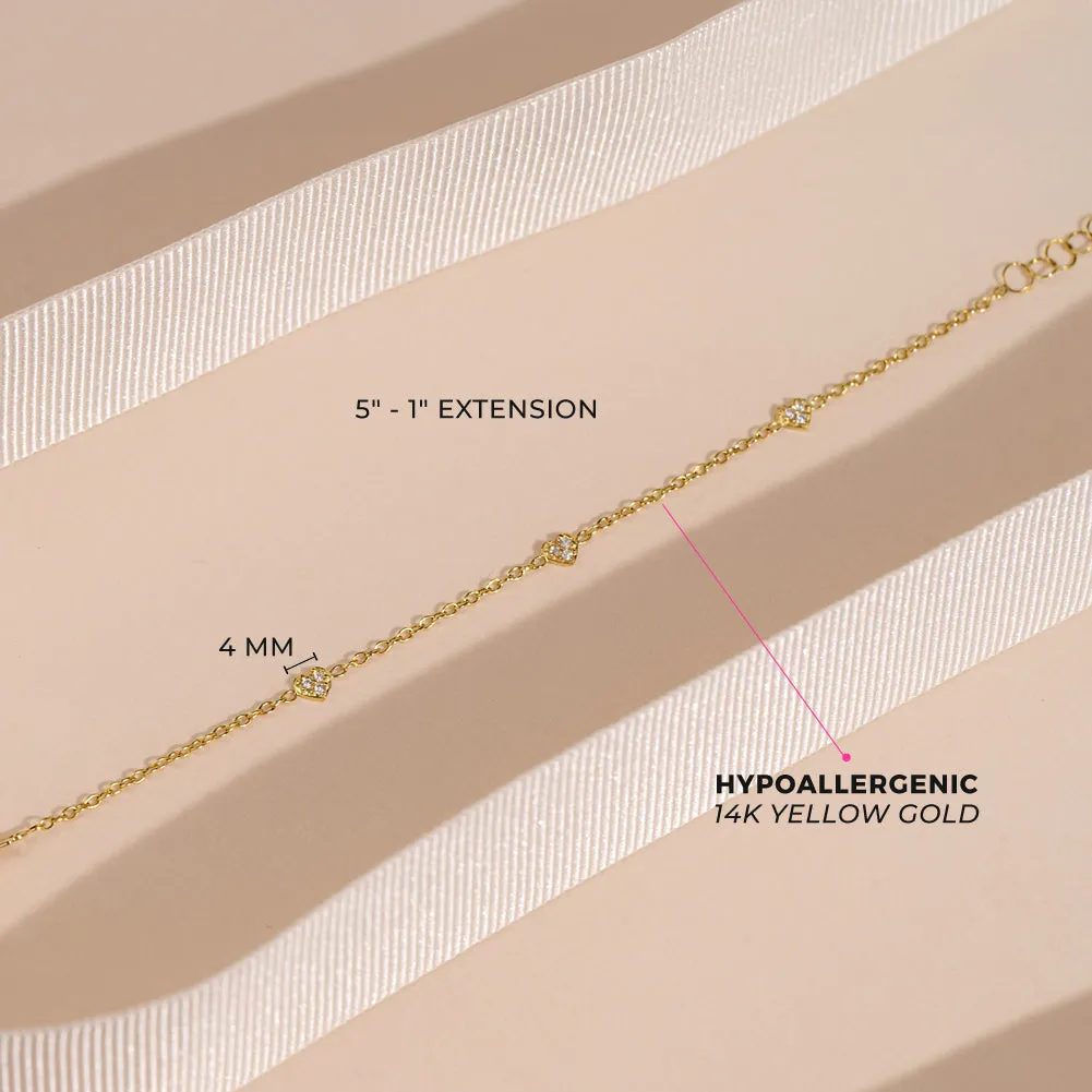14k Gold 5"- 6" Tiny Heart Linked Baby / Toddler / Kids Bracelet