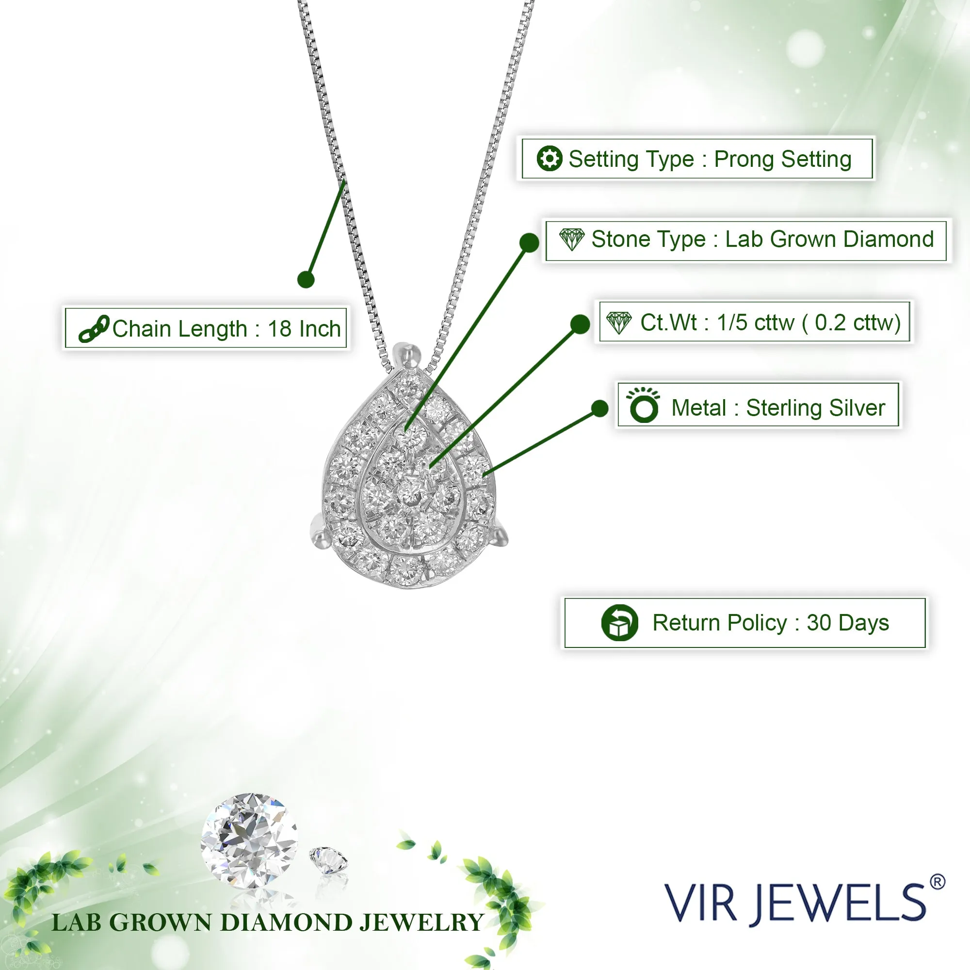 1/5 cttw Lab Grown Diamond Pear Pendant Necklaces Sterling Silver