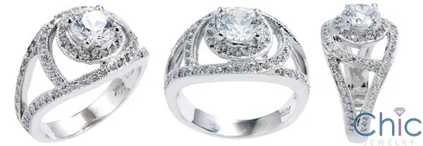 2 Ct Round Center Cubic Zirconia Ring Halo Set Pave Sides 14K White Gold Ring