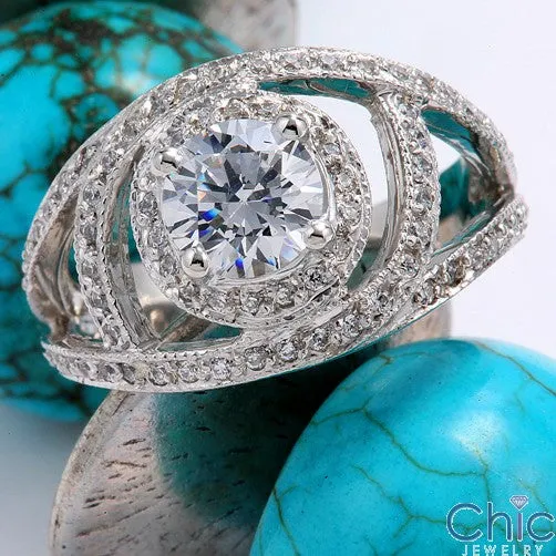 2 Ct Round Center Cubic Zirconia Ring Halo Set Pave Sides 14K White Gold Ring