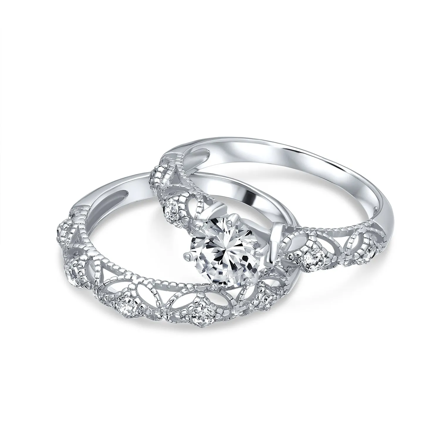 Antique Style Cocktail Statement Ring with Milgrain CZ Solitaire Sterling Silver