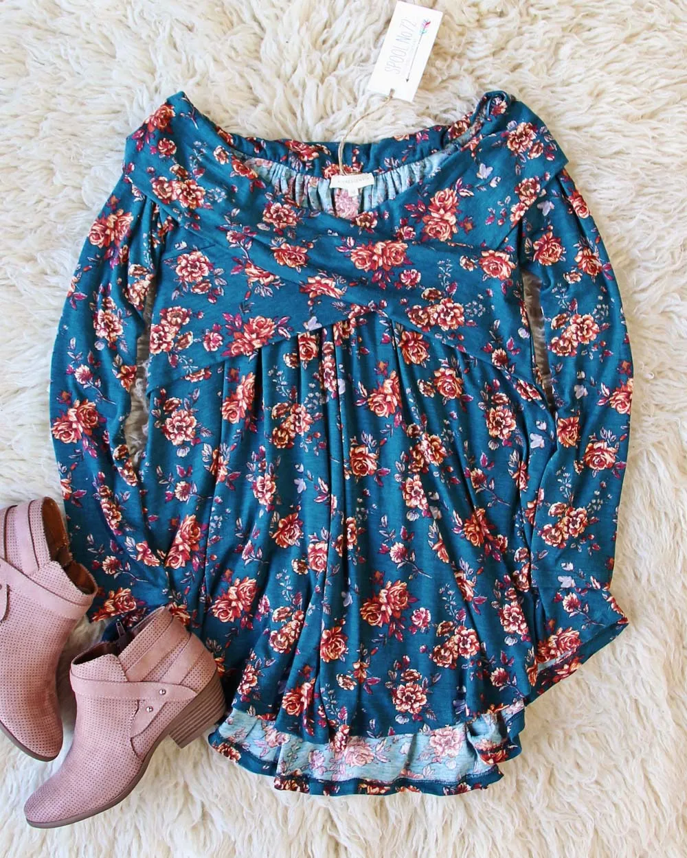 Crescent Flower Top in Teal