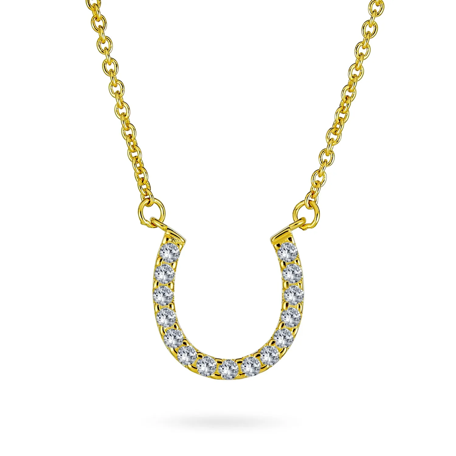 CZ Pave Cubic Zirconia Horseshoe Pendant Necklace 14K Gold Plated Silver