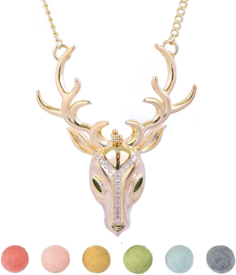 Deer Aromatherapy Necklace, Essential Oils Diffuser Locket Pendant with 10 PCS Felt Balls and 22" Chain for Women