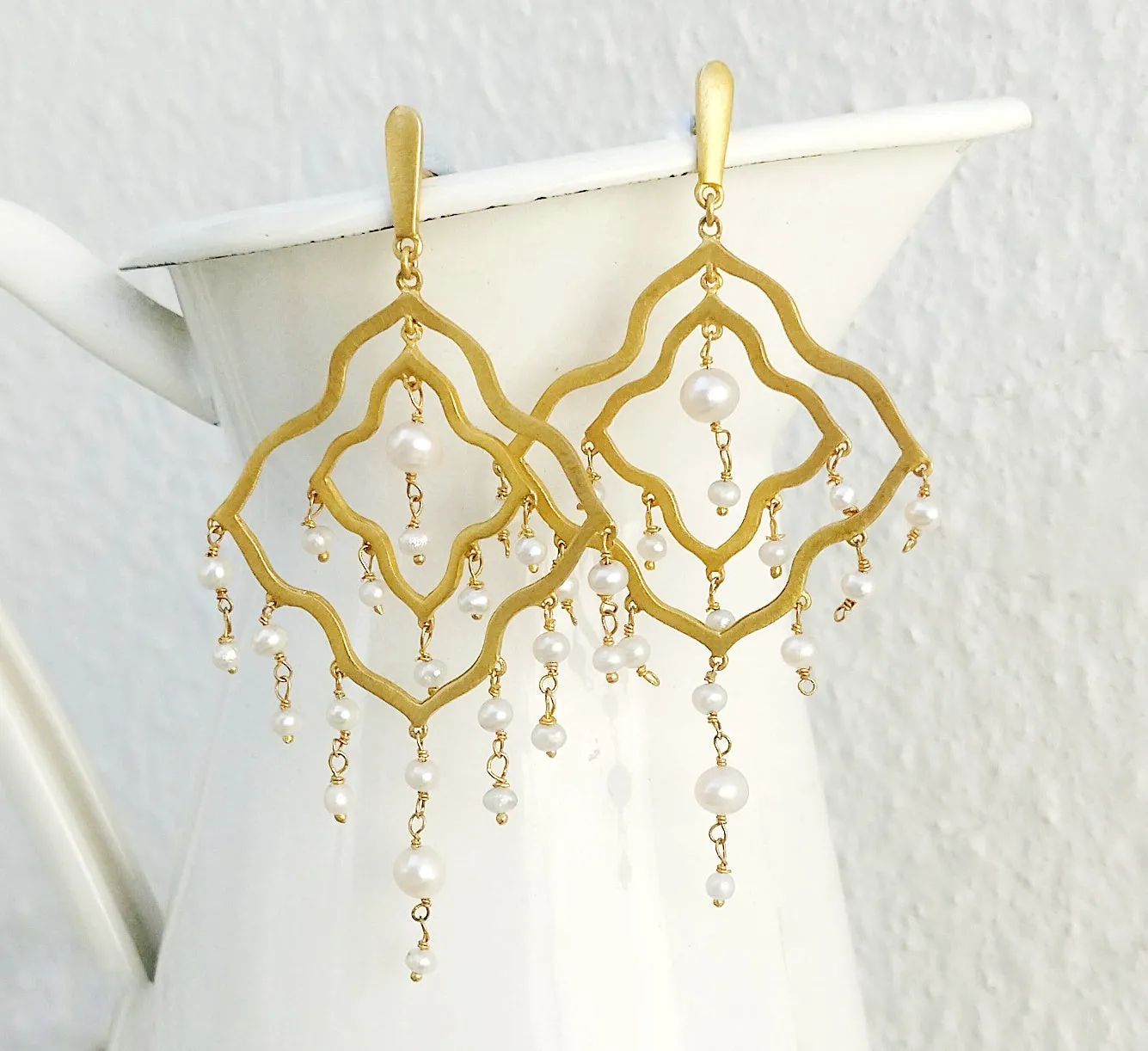 Gold Chandelier Earrings, 22k Gold Plated Brushed Silver Pearl Earrings