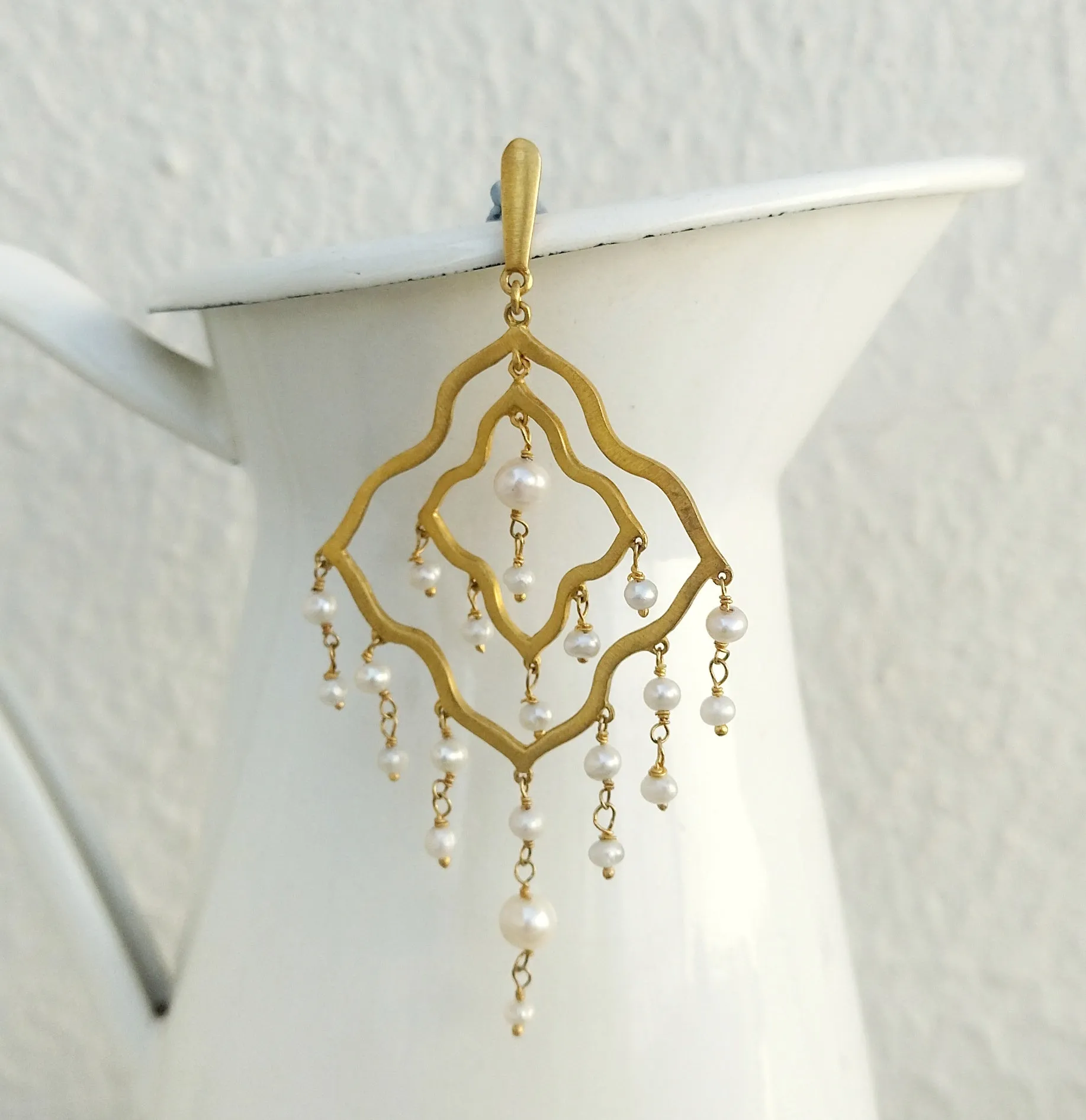 Gold Chandelier Earrings, 22k Gold Plated Brushed Silver Pearl Earrings