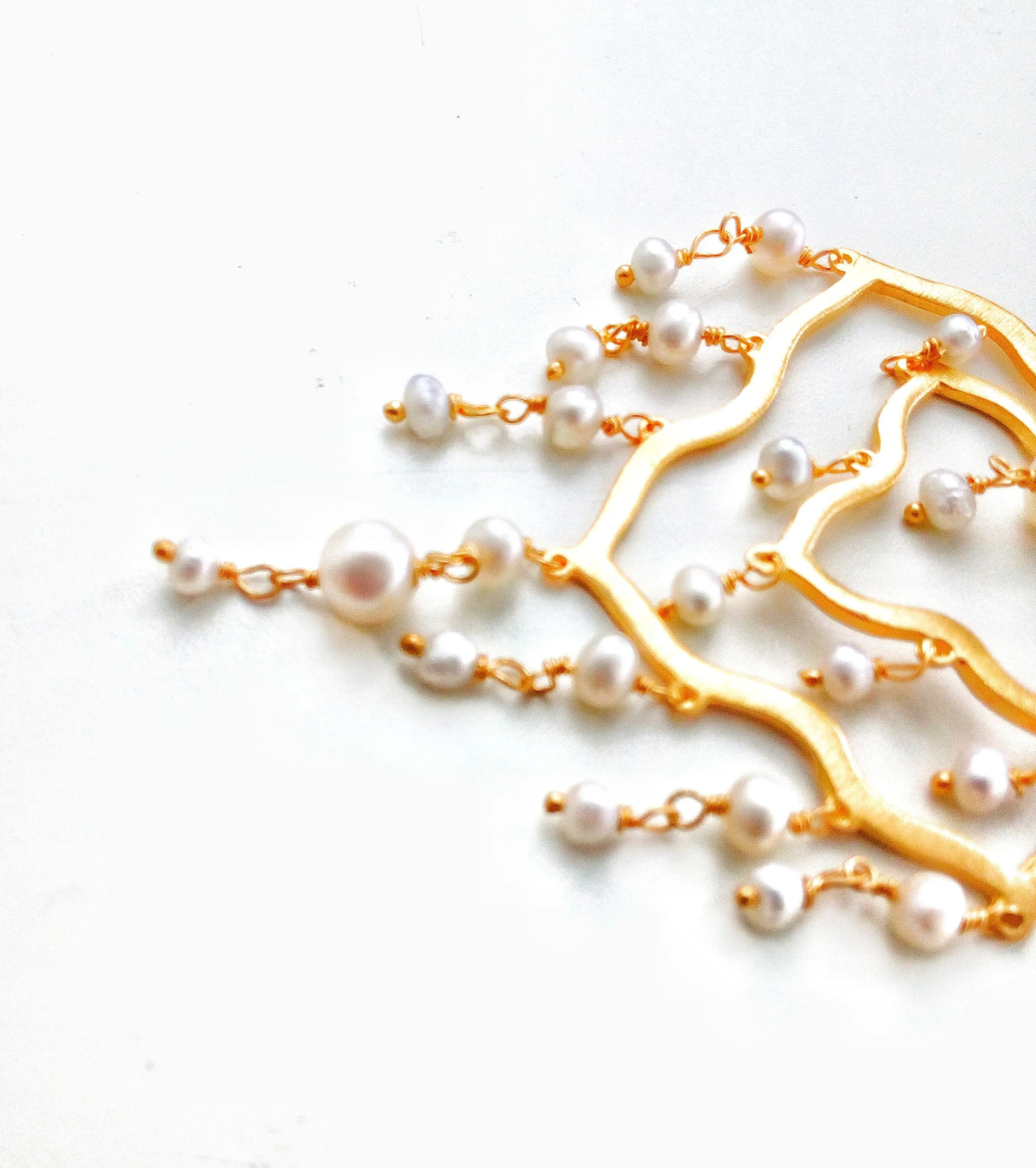 Gold Chandelier Earrings, 22k Gold Plated Brushed Silver Pearl Earrings