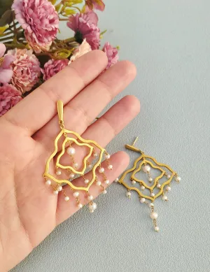 Gold Chandelier Earrings, 22k Gold Plated Brushed Silver Pearl Earrings