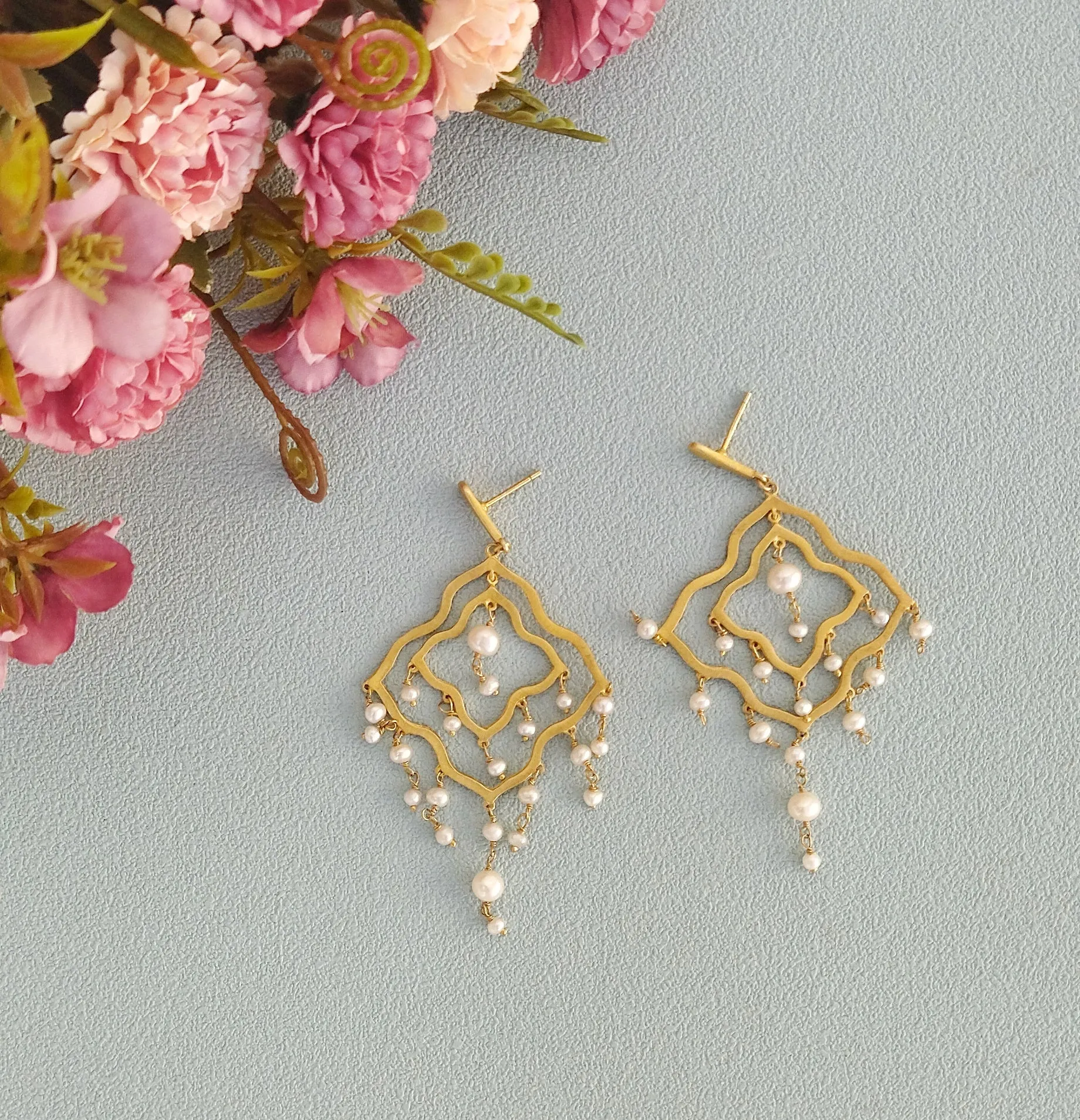 Gold Chandelier Earrings, 22k Gold Plated Brushed Silver Pearl Earrings