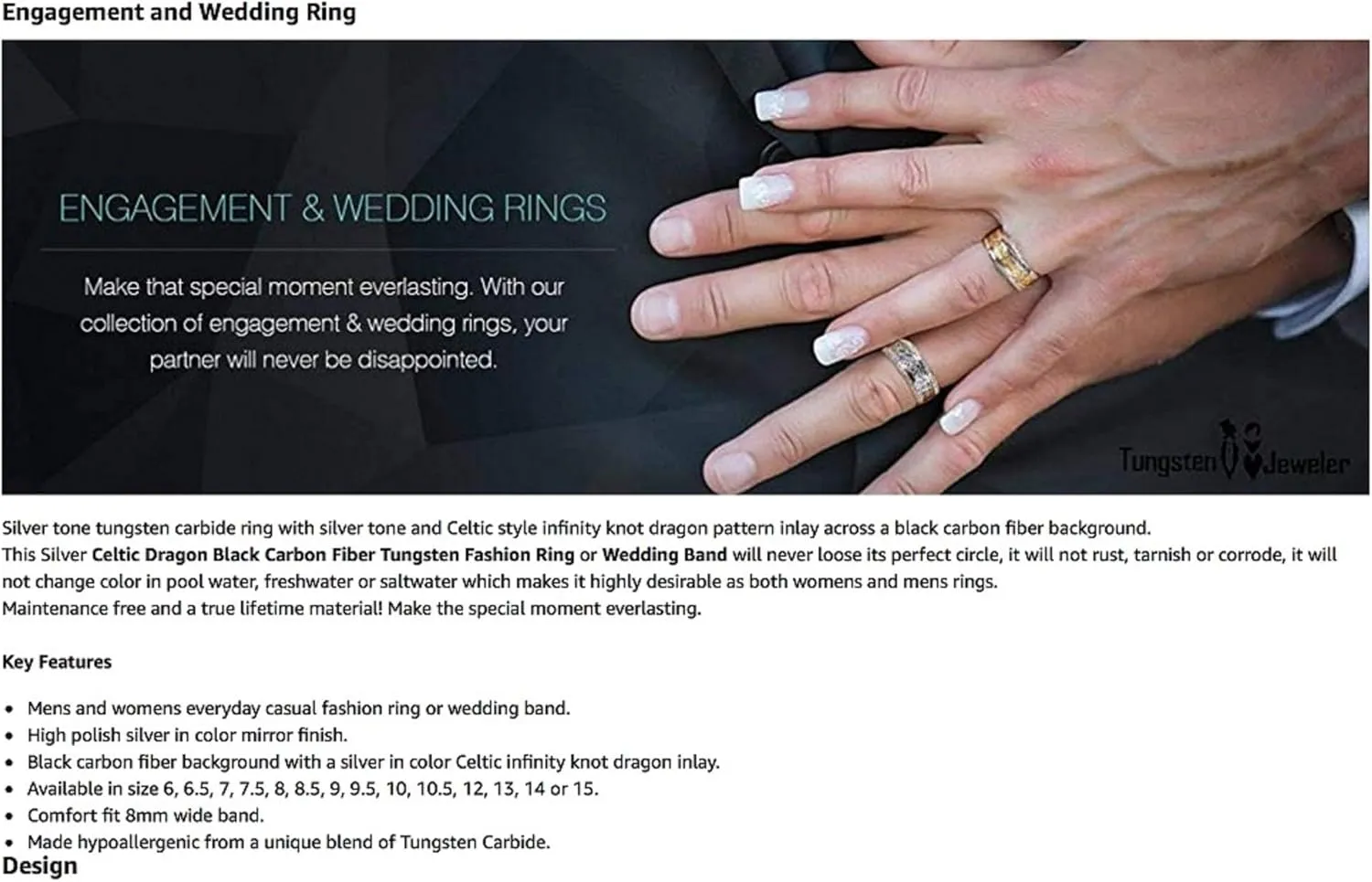Personalized Laser Engraving Ring for Men and Ring for Women Tungsten Band Rings 8mm Shiny Beveled Edge with Golden Celtic Dragon Cut-Out Inlay Wedding Band Ring Ideal Rings for Couples