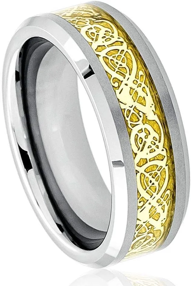 Personalized Laser Engraving Ring for Men and Ring for Women Tungsten Band Rings 8mm Shiny Beveled Edge with Golden Celtic Dragon Cut-Out Inlay Wedding Band Ring Ideal Rings for Couples