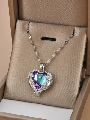 Purple Rhinestone Heart Charm Necklace for Women Jewelry for Women Necklace