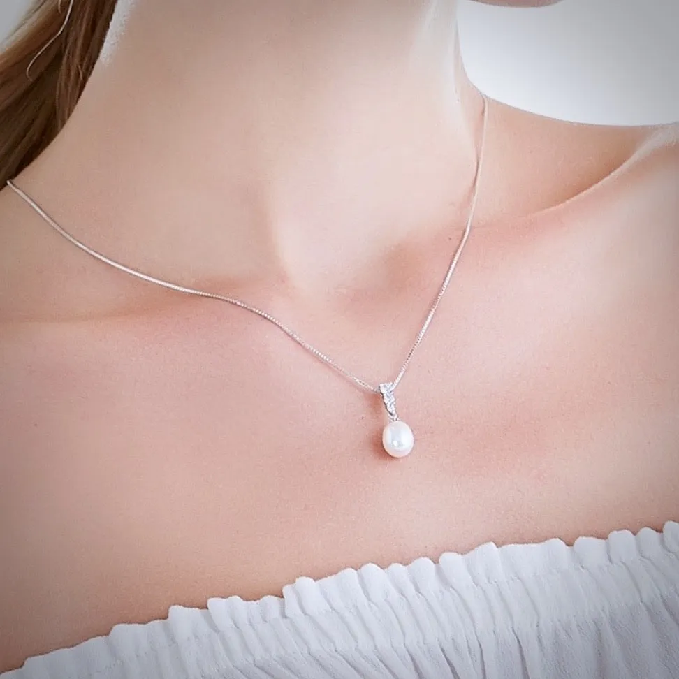 "Doris" - Sterling Silver Pearl and Cubic Zirconia Bridal Jewelry Set