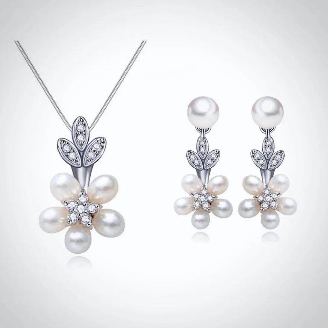"Liv" - Pearl and Cubic Zirconia Bridal Necklace and Earrings Set