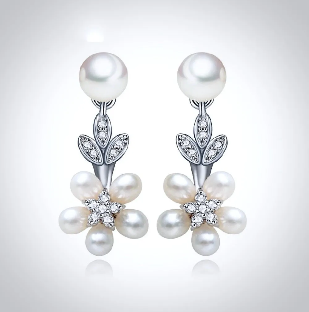 "Liv" - Pearl and Cubic Zirconia Bridal Necklace and Earrings Set