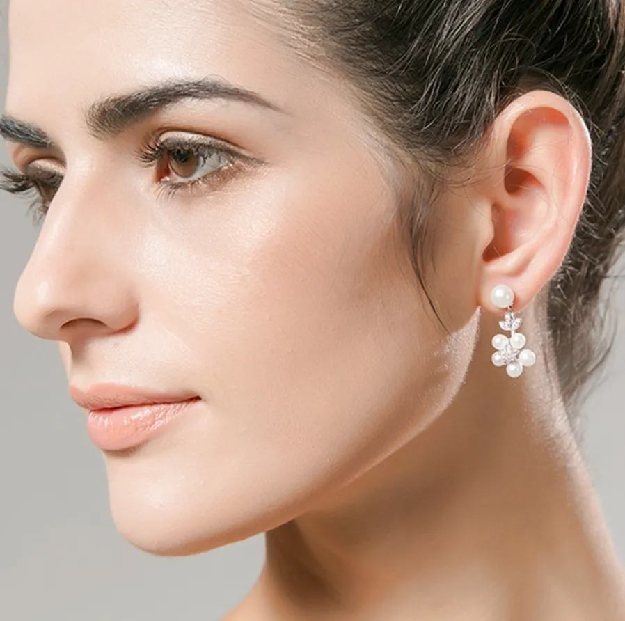 "Liv" - Pearl and Cubic Zirconia Bridal Necklace and Earrings Set