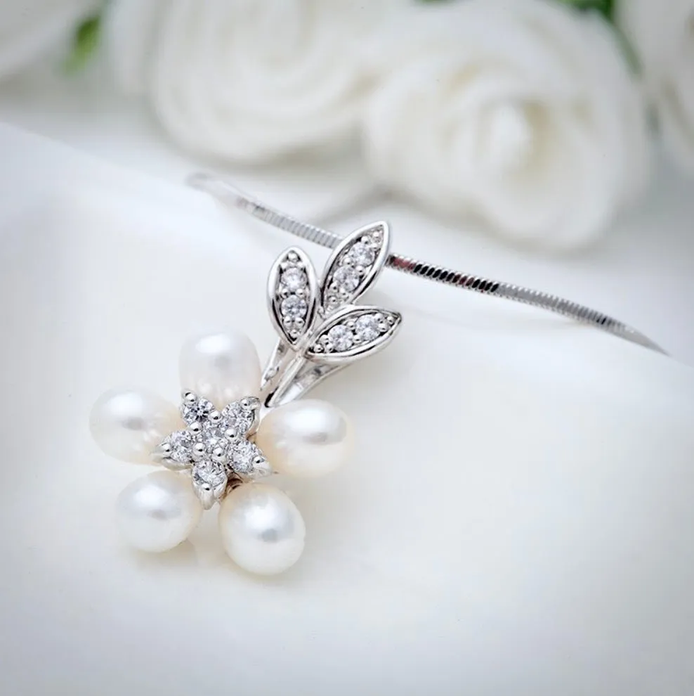 "Liv" - Pearl and Cubic Zirconia Bridal Necklace and Earrings Set
