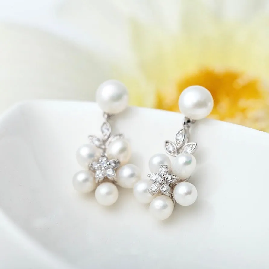 "Liv" - Pearl and Cubic Zirconia Bridal Necklace and Earrings Set