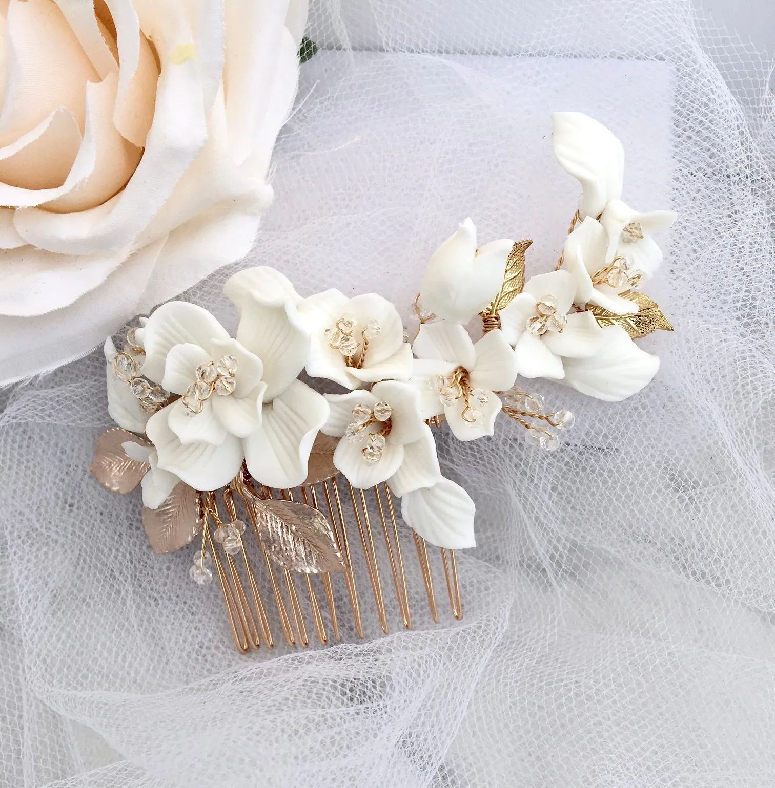 "McKenna" - Ceramic Flowers Bridal Hair Comb and Earrings Set - Available in Gold and Silver