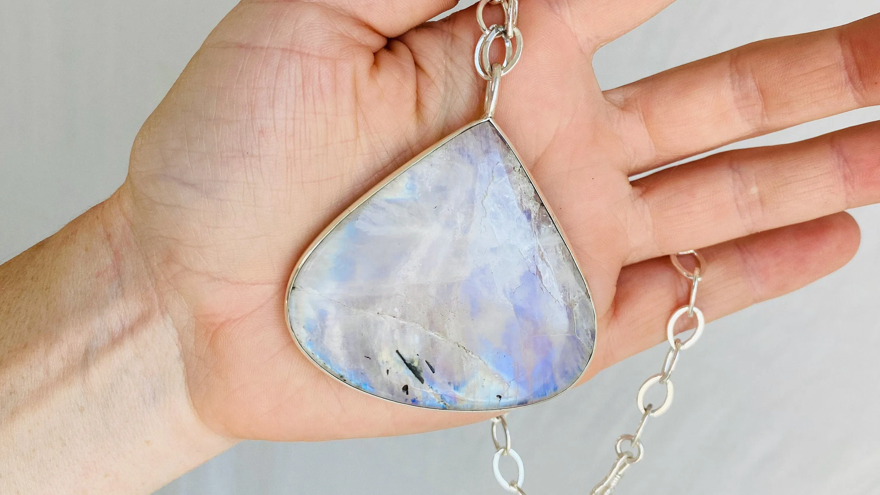 Rainbow Moonstone and Silver Pendant Necklace. Sterling Silver Chain