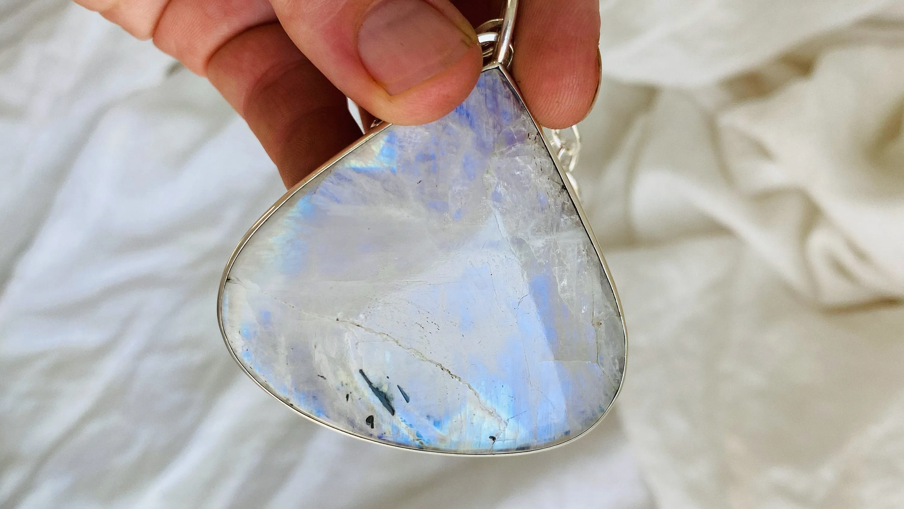 Rainbow Moonstone and Silver Pendant Necklace. Sterling Silver Chain
