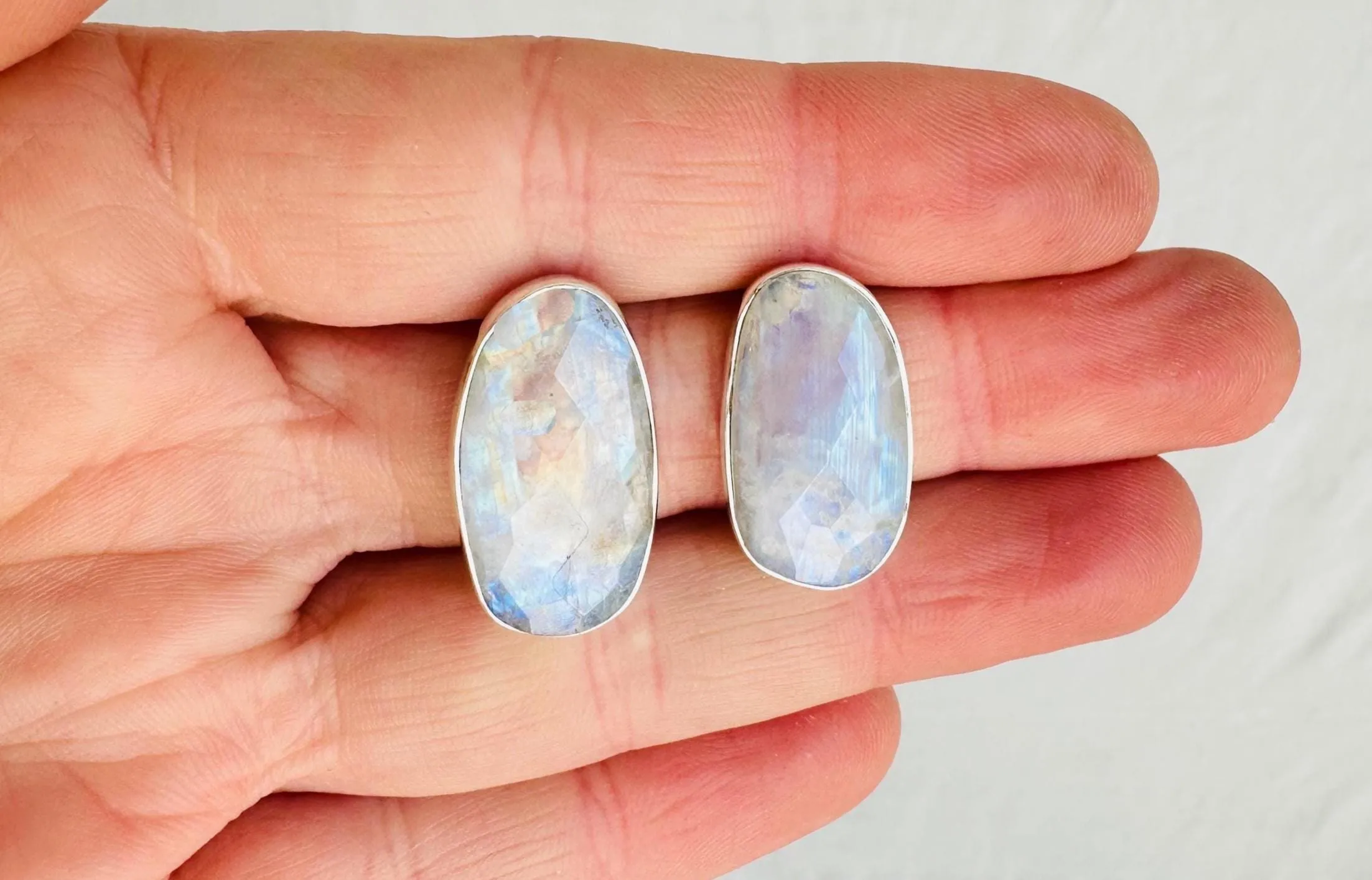 Rainbow Moonstone Post Earrings. Handmade Sterling Silver Jewelry. Small Gift for Her. 0910