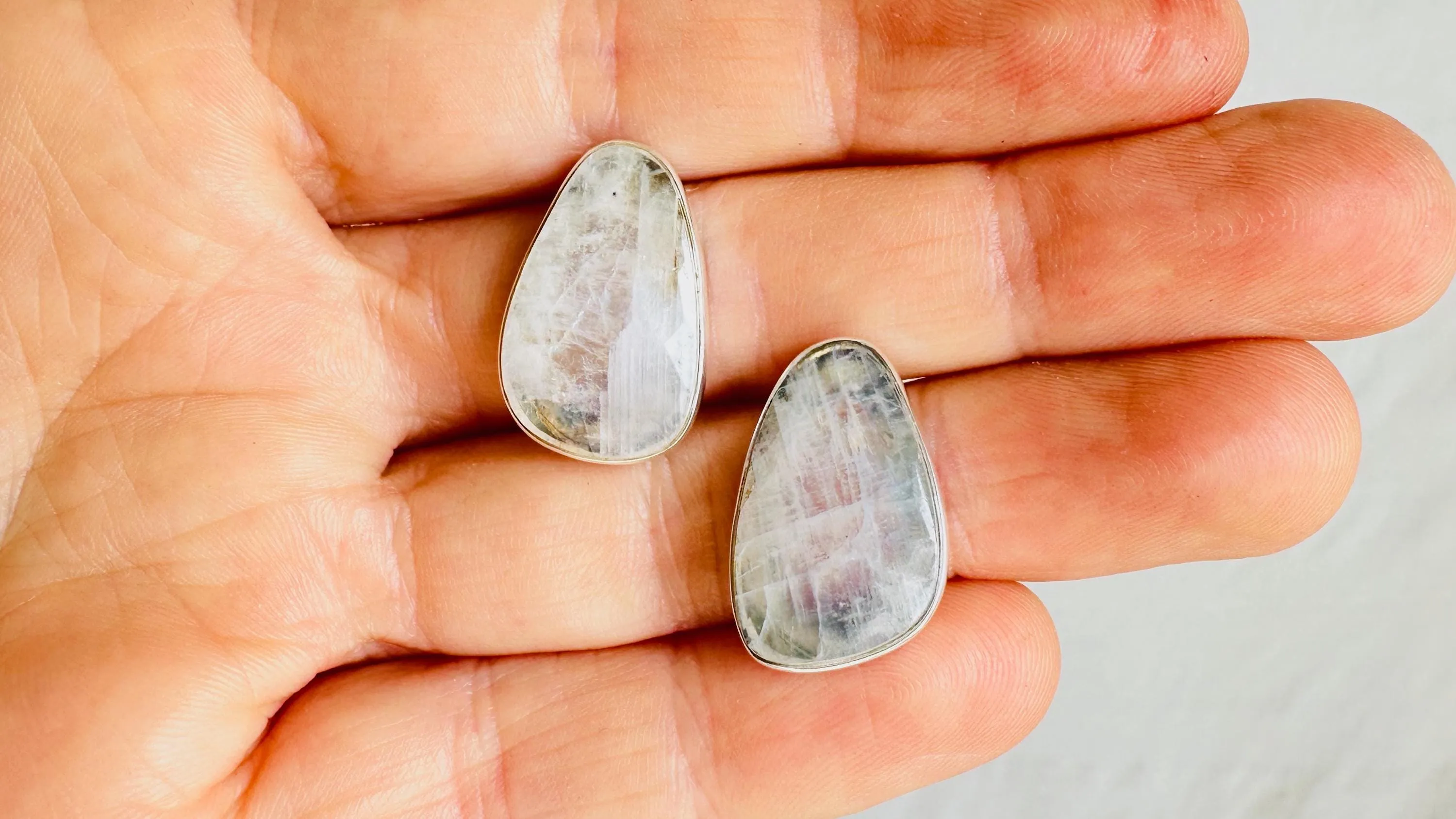 Rainbow Moonstone Post Earrings. Handmade Sterling Silver Jewelry. Small Gift for Her 0931