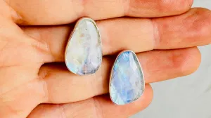 Rainbow Moonstone Post Earrings. Handmade Sterling Silver Jewelry. Small Gift for Her 0931
