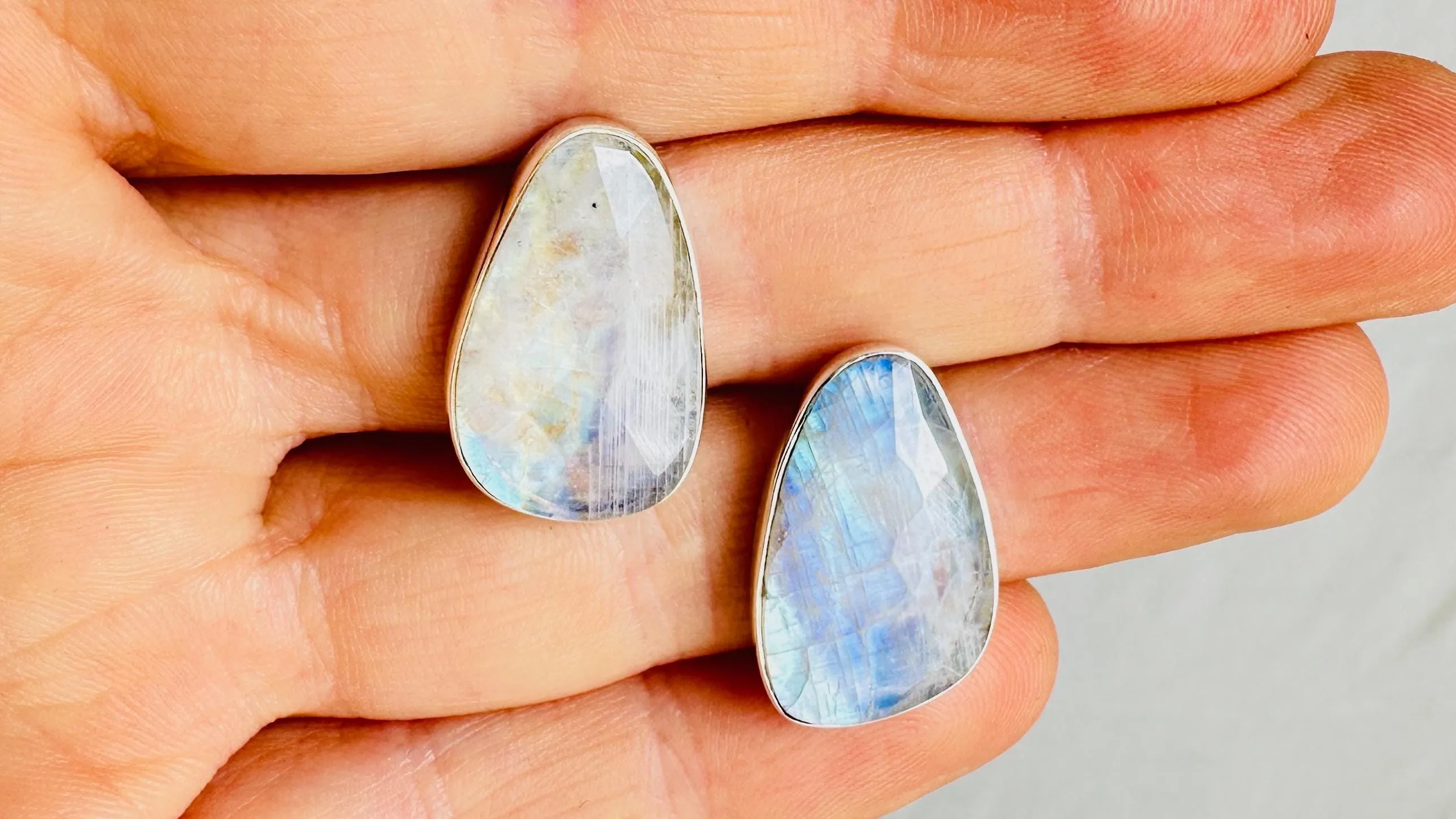 Rainbow Moonstone Post Earrings. Handmade Sterling Silver Jewelry. Small Gift for Her 0931