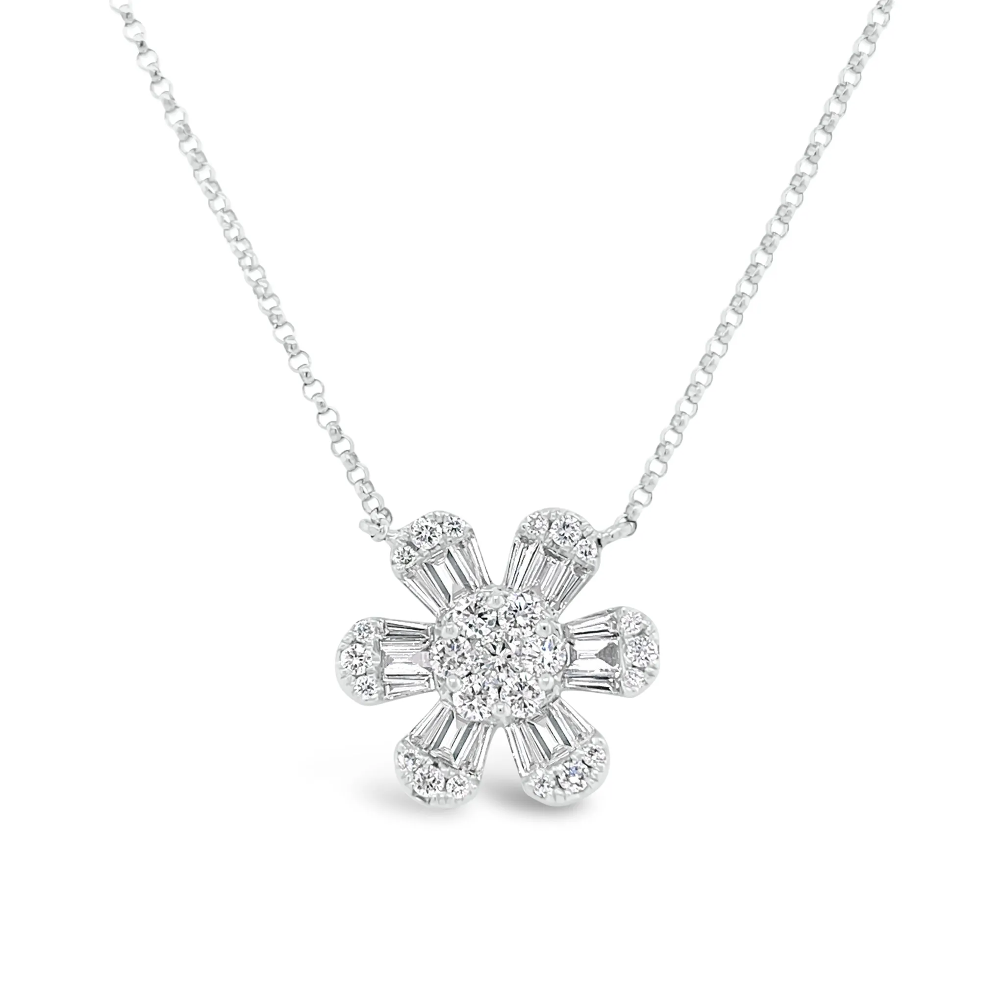 Round & Baguette Diamond Flower Pendant Necklace