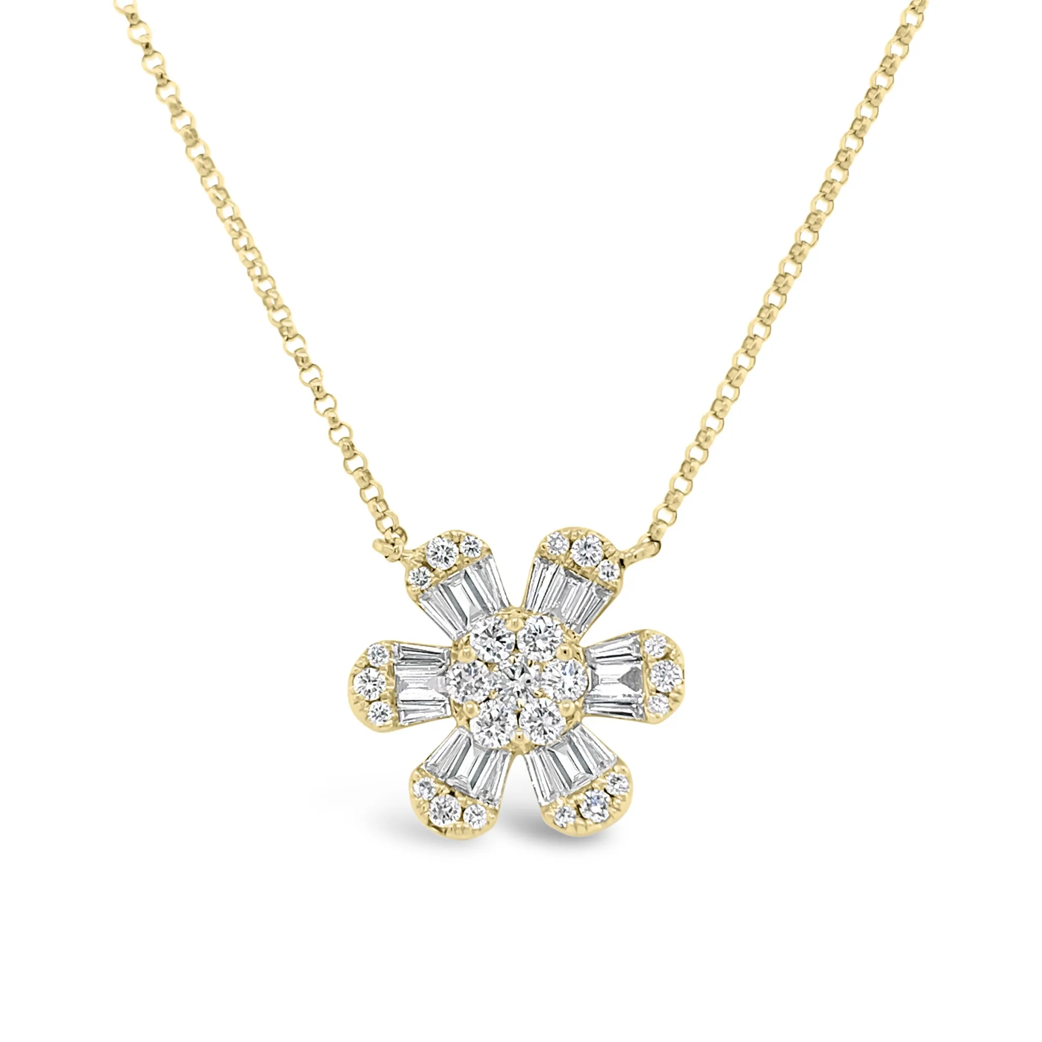 Round & Baguette Diamond Flower Pendant Necklace
