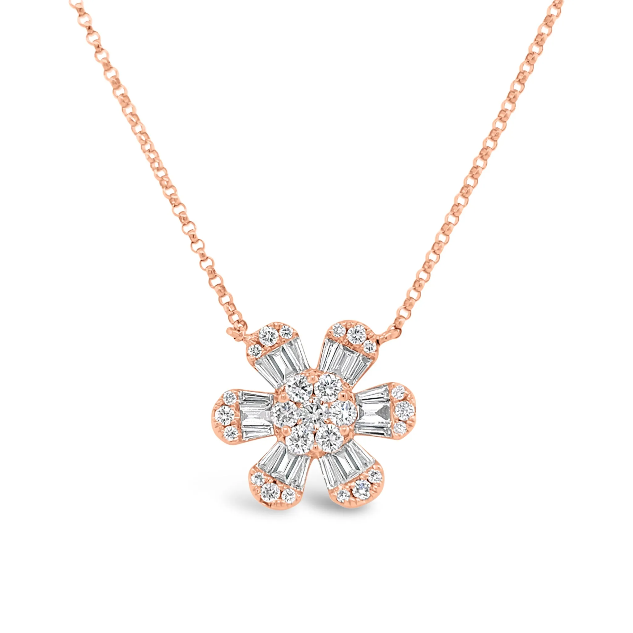 Round & Baguette Diamond Flower Pendant Necklace